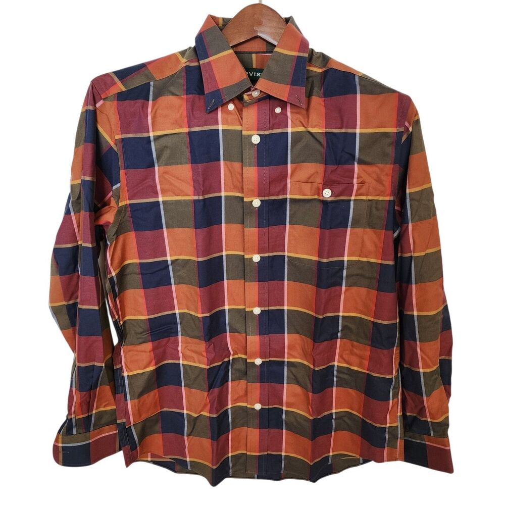 ​Orvis Mens Medium Plaid Button Down Shirt Orange Blue Multicolor Wrinkle Free